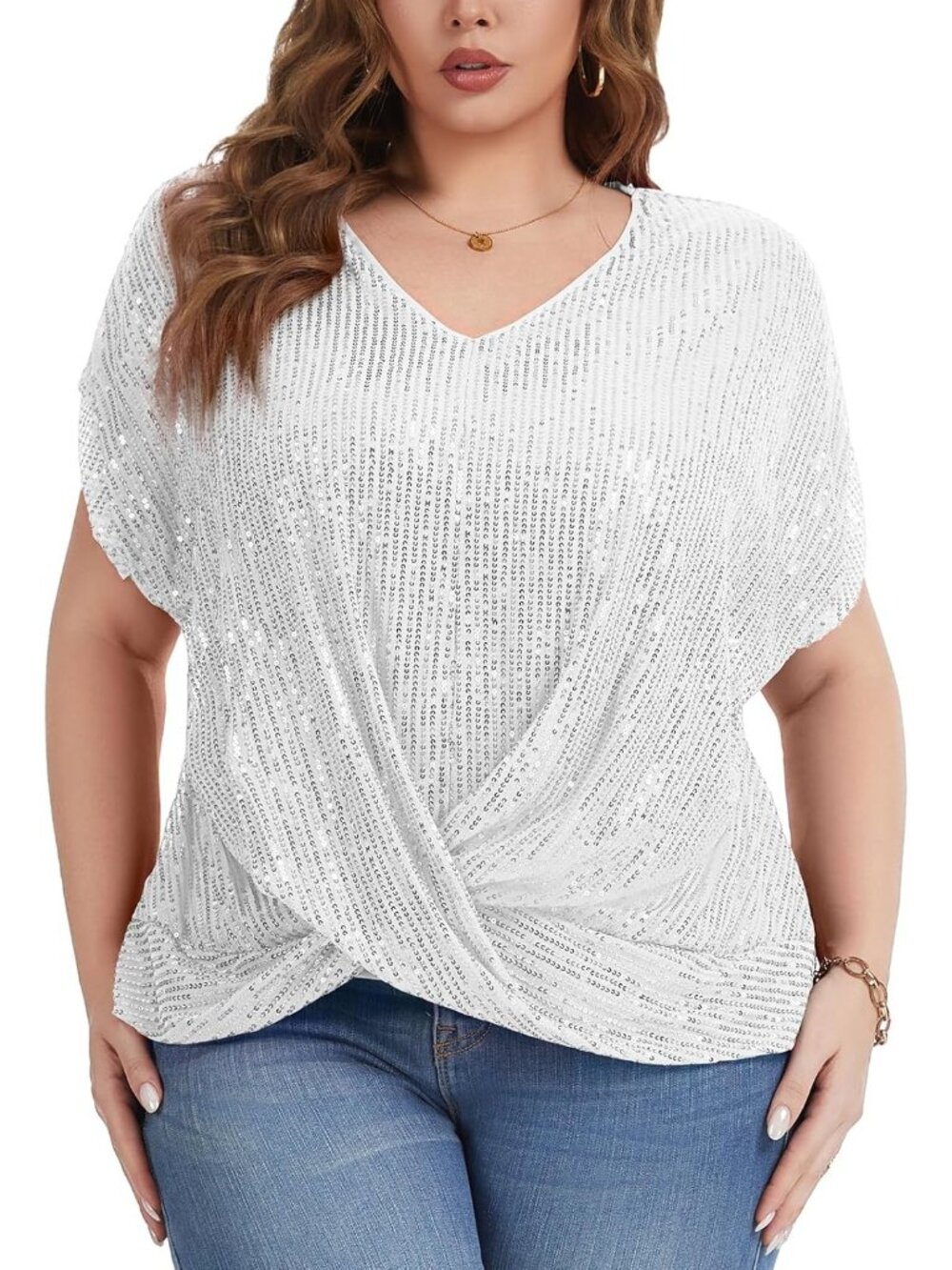 Women's Silver Sequin Top Short Batwing Sleeve V Neck Shirts Elegant Blouses - Picture 2 of 6